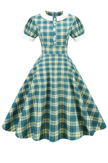 Jewel Neck Green Grid 1950s Dress with Short Sleeves
